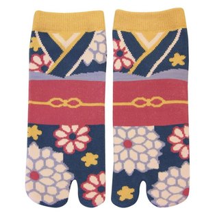 WagoKoro Socks - Tabi - Kimono Pattern Teal with Flowers and Pink Obi 1 Pair 23-25cm