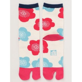 Kaya Socks - Tabi - Apricot Flowers Red Blue and Beige 1 Pair 23-25cm