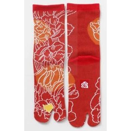 Kaya Socks - Tabi - Traced Peonies White and Brown Lined 1 Pair 23-25cm