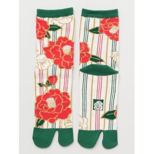Kaya Socks - Tabi - Red Camelias White and Green Striped 1 Pair 23-25cm