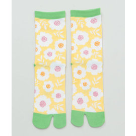 Kaya Chaussettes - Tabi - Fleurs Blanches Jaunes et Vertes 1 Paire 23-25cm