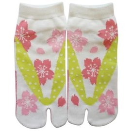 WagoKoro Socks - Tabi - Sakura Flowers and Geta White Pink and Green 1 Pair 23-25cm