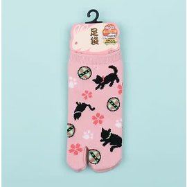 INASAKA MERIYASU Chaussettes - Tabi - Kuro Neko Chats Noirs Jouant Dans Les Sakuras et Pattes de Chats Roses 1 Paire 16-22cm