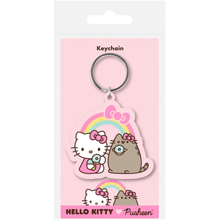 Pyramid International Porte-clés - Sanrio Hello Kitty - Hello Kitty et Pusheen qui Mangent un Donut Avec Arc-en-Ciel en Caoutchouc