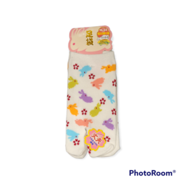 INASAKA MERIYASU Socks - Tabi - Multicolored Bunny Pattern and White Sakura 1 Pair 16-22cm