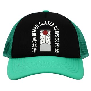 Bioworld Casquette - Demon Slayer: Kimetsu no Yaiba - Hanafuda de Tanjiro "Demon Slayer Corps" Noire et Verte Trucker Snapback Ajustable