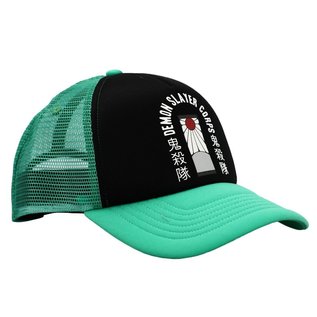 Bioworld Casquette - Demon Slayer: Kimetsu no Yaiba - Hanafuda de Tanjiro "Demon Slayer Corps" Noire et Verte Trucker Snapback Ajustable