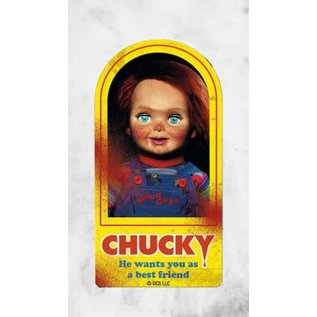NMR Aimant - Chucky - Boite Jaune de Poupée Chucky Avec Taches de Sang ''He Wants You As A Best Friend'' en Bois 3D