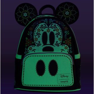 Loungefly Mini Sac à Dos - Disney Mickey Mouse - Mickey Mouse Crâne Sucré de Dia de los Muertos Noir et Blanc Brille dans le Noir en Faux Cuir