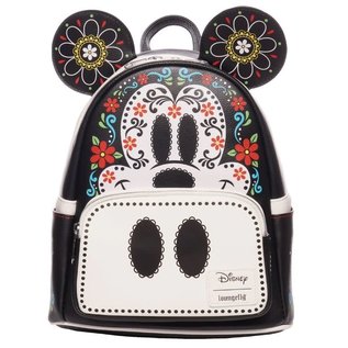 Loungefly Mini Backpack - Disney Mickey Mouse - Mickey Mouse Sugar Skull of Dia de los Muertos Black and White Glow in the Dark Faux Leather