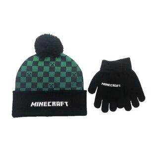 Bioworld Toque - Minecraft - Logo Green and Black With Pompoms and Gloves