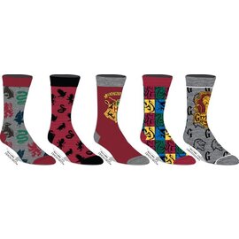Bioworld Socks - Harry Potter - Hogwarts and the Four Houses Crests Red and Gray Pack of 5 Pairs Crew