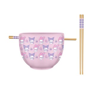 Silver Buffalo Bowl - Sanrio  - Kuromi and My Melody Bouquet of Flowers with Chopsticks 20oz