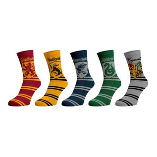 Bioworld Socks - Harry Potter - Hogwarts Crest and the Four Houses Stripes Pack of 5 Pairs Crew