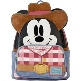 Loungefly Mini Backpack - Disney Mickey Mouse - Visage of Mickey Western Black, Blue and Pink Faux Leather