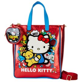 Loungefly Tote Bag - Sanrio Hello Kitty - 50th Anniversary Hello Kitty Holding Her Bear Plushy With Pocket Coin Purse Transparent Red, Blue and Yellow Faux Leather