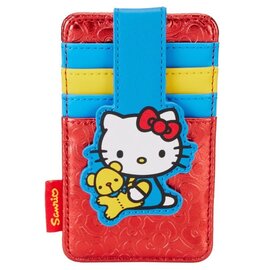 Bioworld Porte-Cartes - Sanrio Hello Kitty - 50ème Anniversaire Hello Kitty Tenant Son Ourson Bleu, Jaune et Rouge en Faux Cuir