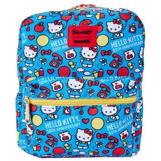 Loungefly Mini Backpack - Sanrio Hello Kitty - 50th Anniversary Various Patterns Blue, Yellow and Red Fabric