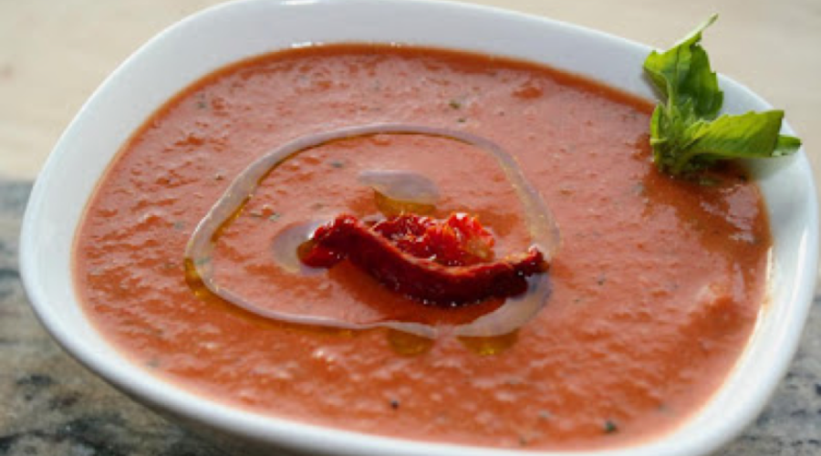 CREAM OF ROASTED PEPPER & TOMATO SOUP WITH TUSCAN HERB OLIVE OIL