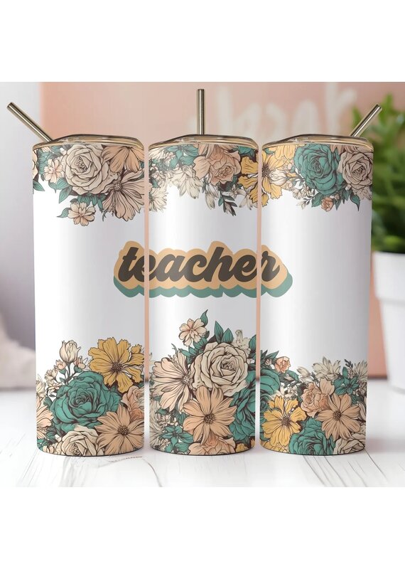Tumbler 20oz w Lid Occupation Retro Teacher Floral