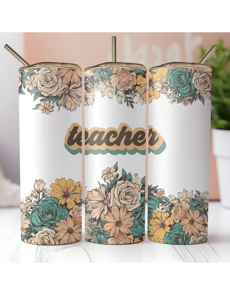 Tumbler 20oz w Lid Occupation Retro Teacher Floral