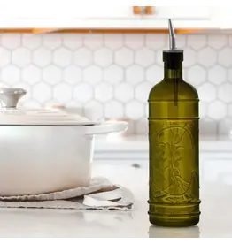 Couronne Co Olive Branch Glass Oil/Vinegar Bottle W/Spout Green