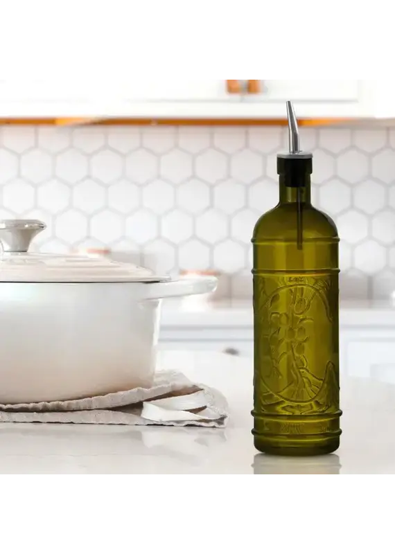 Couronne Co Olive Branch Glass Oil/Vinegar Bottle W/Spout Green