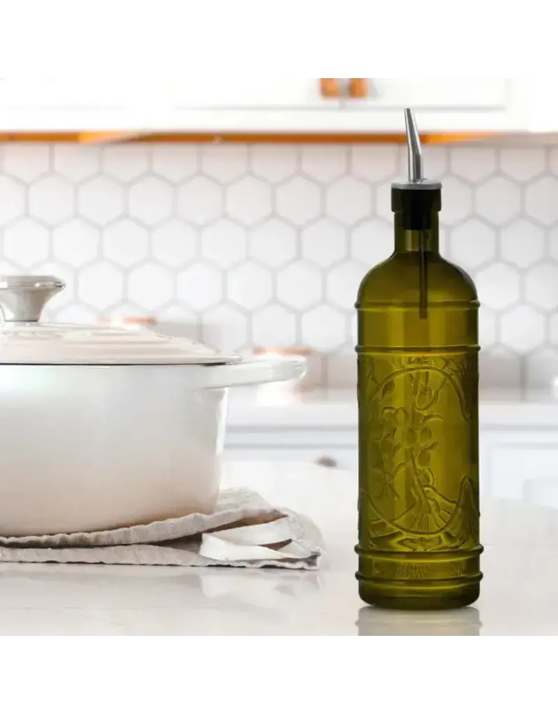 Couronne Co Olive Branch Glass Oil/Vinegar Bottle W/Spout Green