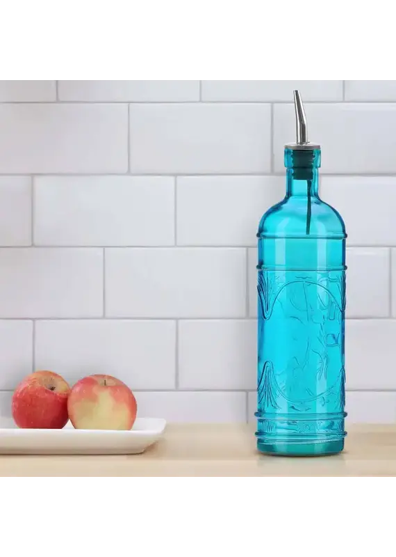 Couronne Co Olive Branch Glass Oil/Vinegar Bottle W/Spout Aqua