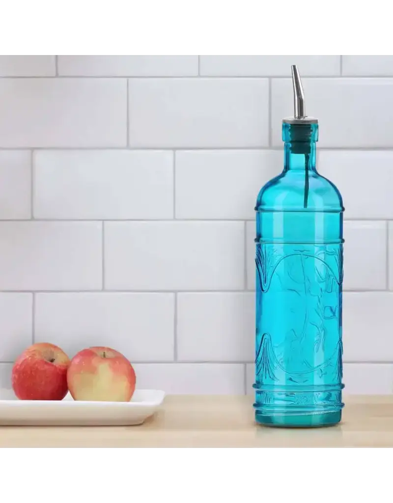 Couronne Co Olive Branch Glass Oil/Vinegar Bottle W/Spout Aqua