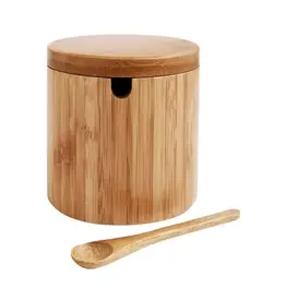 HIC - Harold Import Co. Bamboo Salt Box with Lid & Spoon 7oz - Kitchen Storage