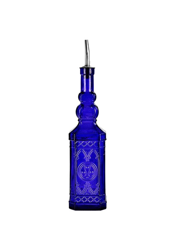 Couronne Co Ornate Glass Oil/Vinegar Bottle W/Pour Spout Cobalt