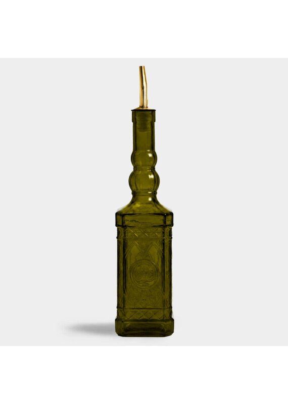 Couronne Co Ornate Glass Oil/Vinegar Bottle W/Pour Spout Vintage Green