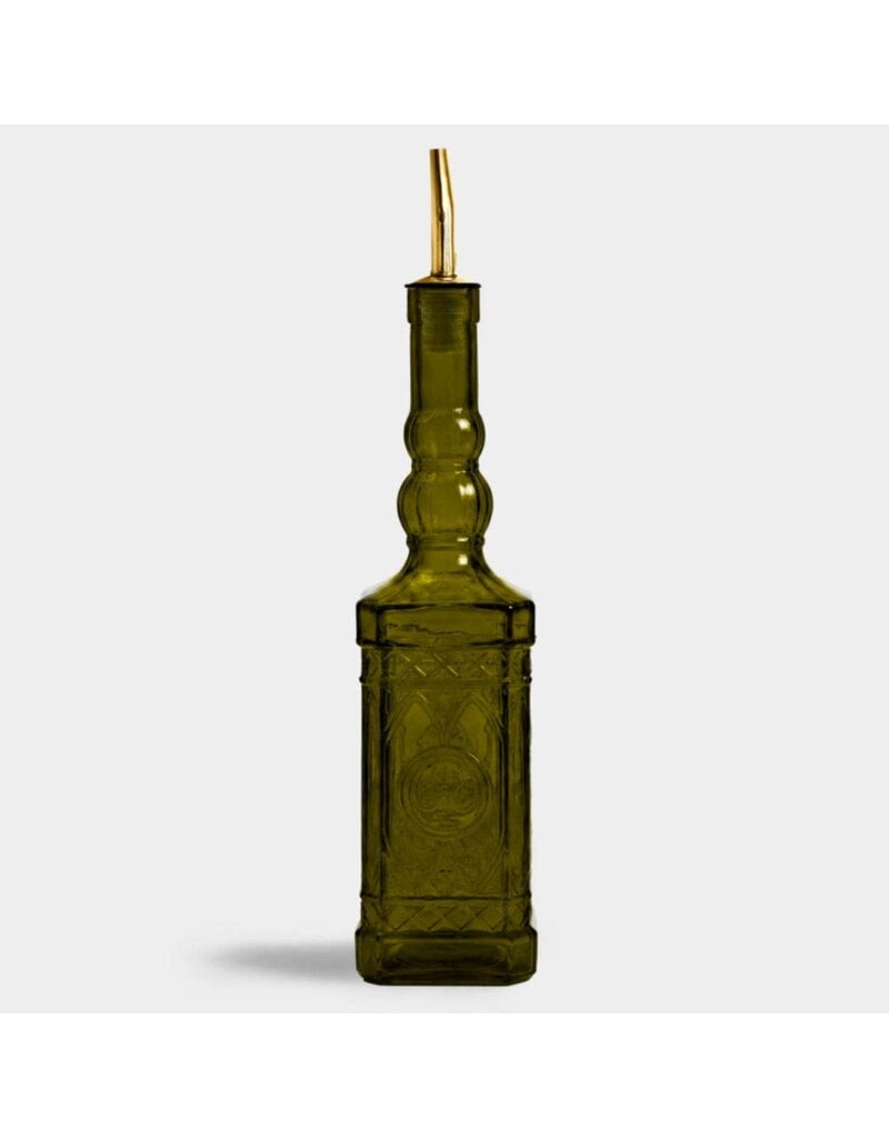 Couronne Co Ornate Glass Oil/Vinegar Bottle W/Pour Spout Vintage Green