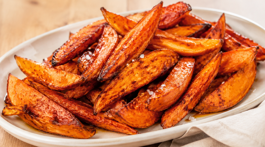 Cinnamon Pear Balsamic Roasted Sweet Potato Wedges