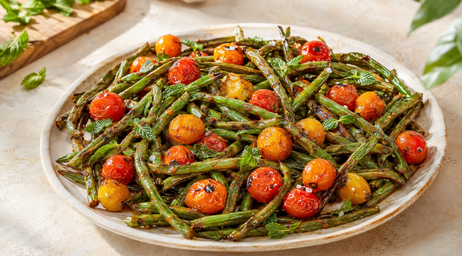 Harissa-Honey Green Beans with Blistered Tomatoes