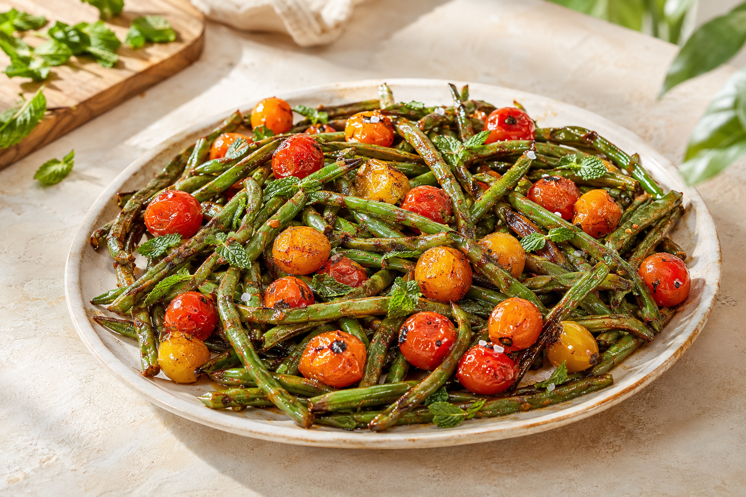 Harissa-Honey Green Beans with Blistered Tomatoes