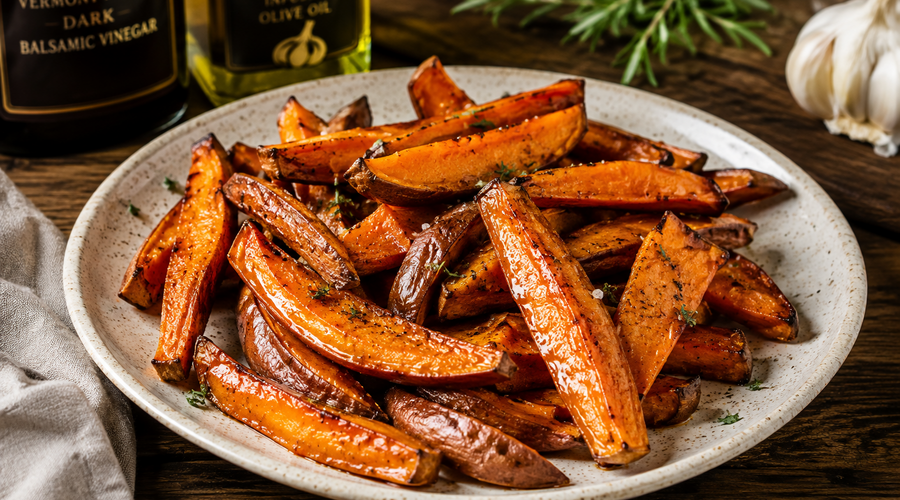 Maple Garlic Roasted Sweet Potato Wedges