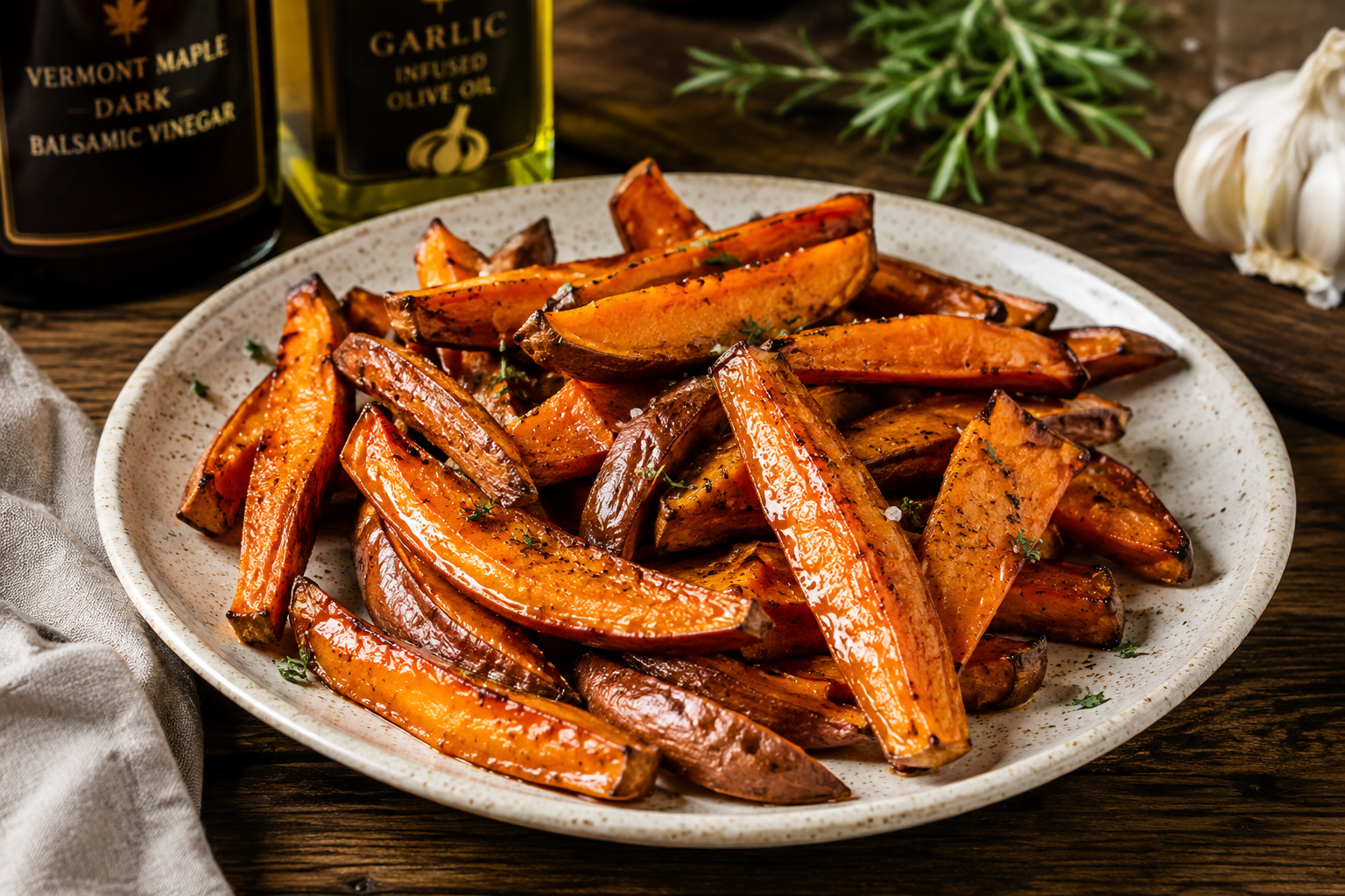 Maple Garlic Roasted Sweet Potato Wedges