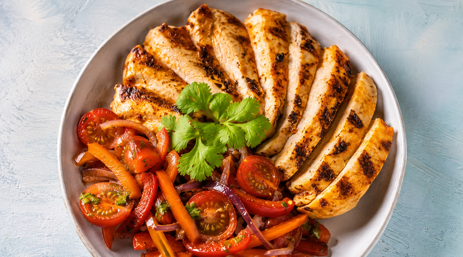Harissa Grilled Chicken with Tomato-Pepper Salad