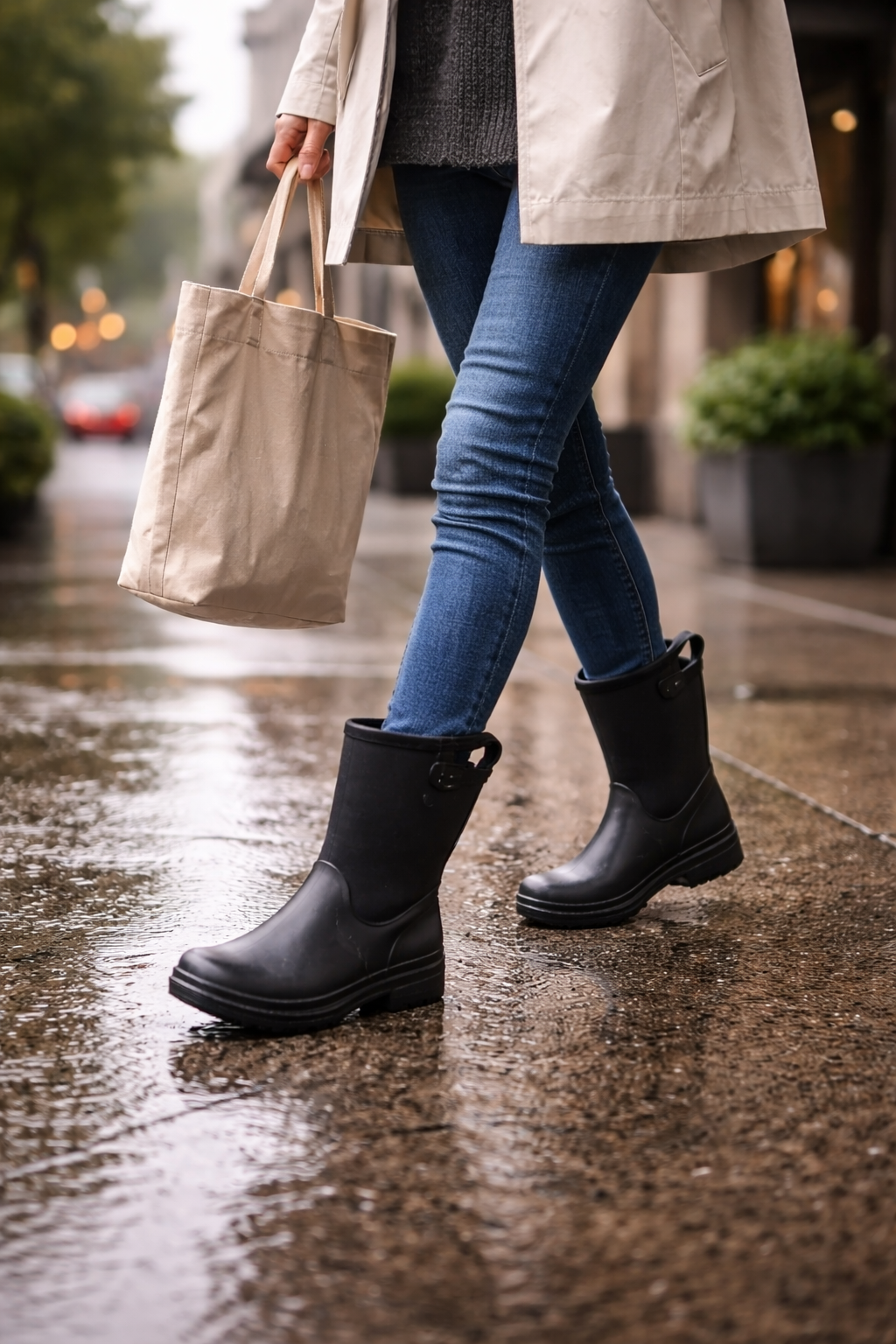 Lightweight rain boots worn for everyday city walking in wet weather.