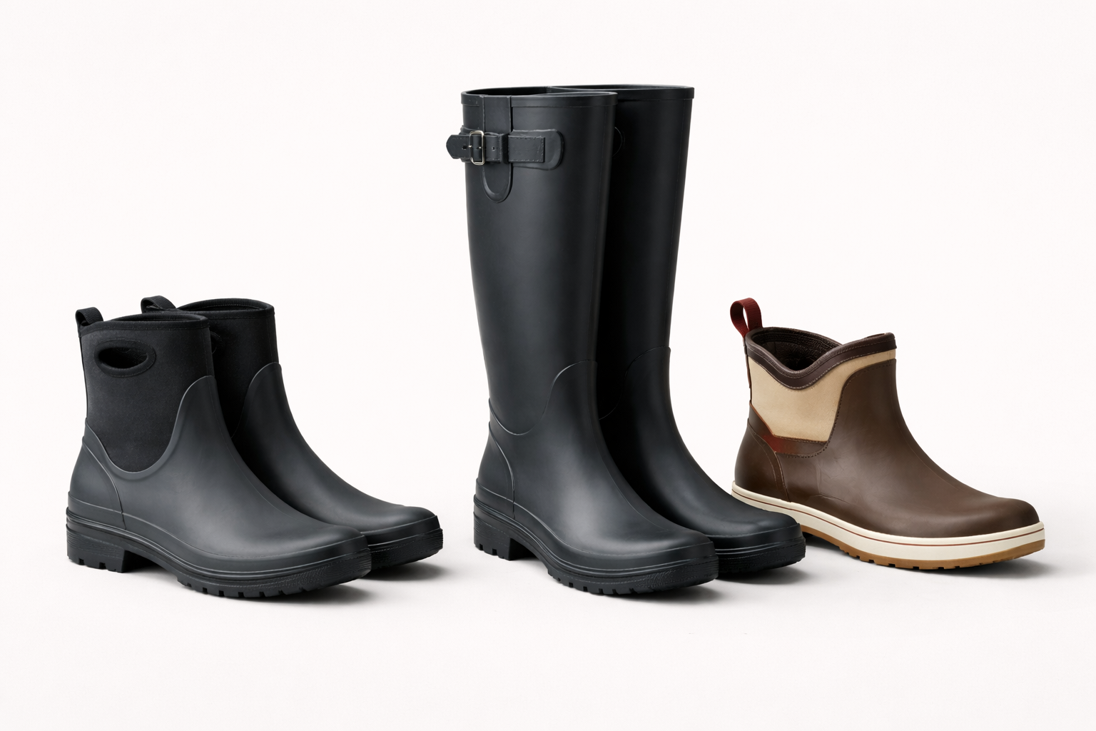 Three rain boot styles side by side to compare comfort, durability, and traction.