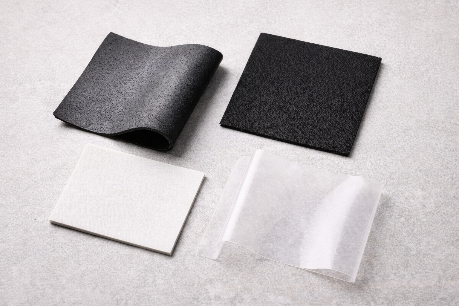 Material samples used in rain boots, including rubber-like and neoprene-like swatches on a neutral surface.