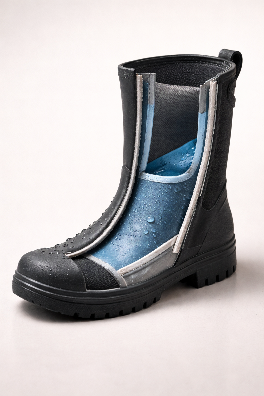 Boot molding and press equipment illustrating how rubber rain boots are cured during manufacturing.