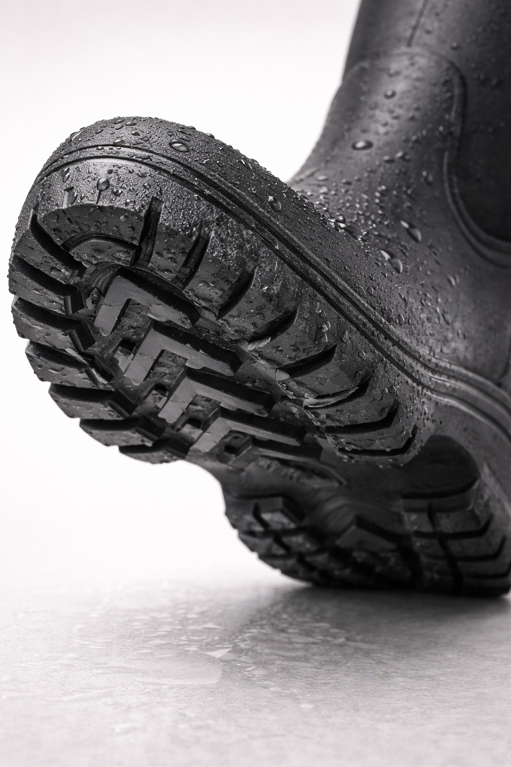 Close-up of a rain boot outsole showing deep multi-directional lugs designed for wet-surface traction.