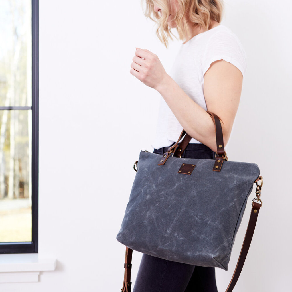 Stitch & Rivet waxed canvas and leather crossbody day bag in slate blue  gray — Stitch & Rivet