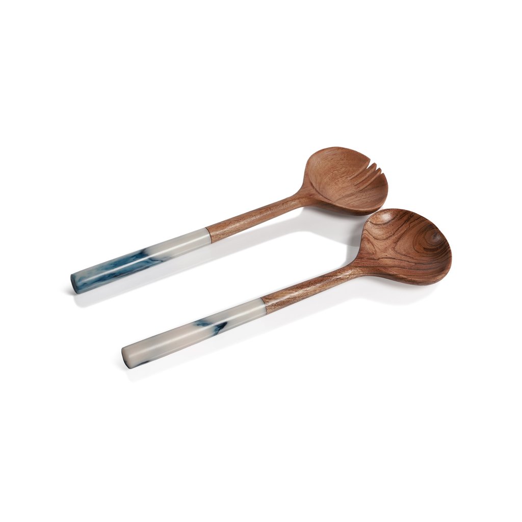 Wooden Salad Servers with Blue Resin Handles
