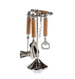 Polished Nickel and Leather Bar Tool Set