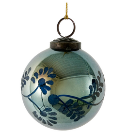 Blue Floral Etched Glass Ornament