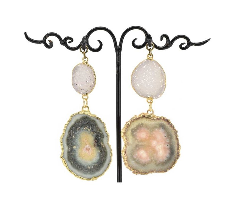 Gold Plated Double Dangle Agate and Druzy